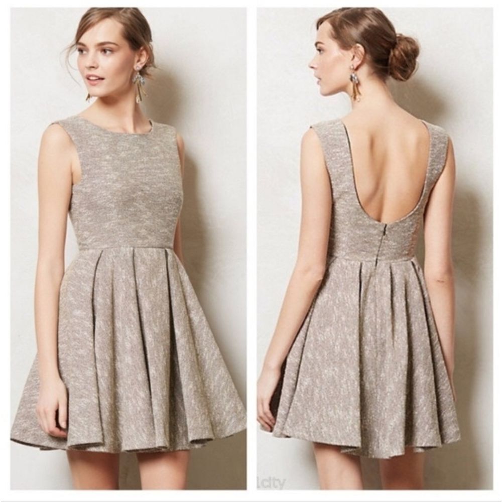 Paper Crown Anthropologie Tweed Metallic Shimmer Fit & Flare Scoop Back Dress M